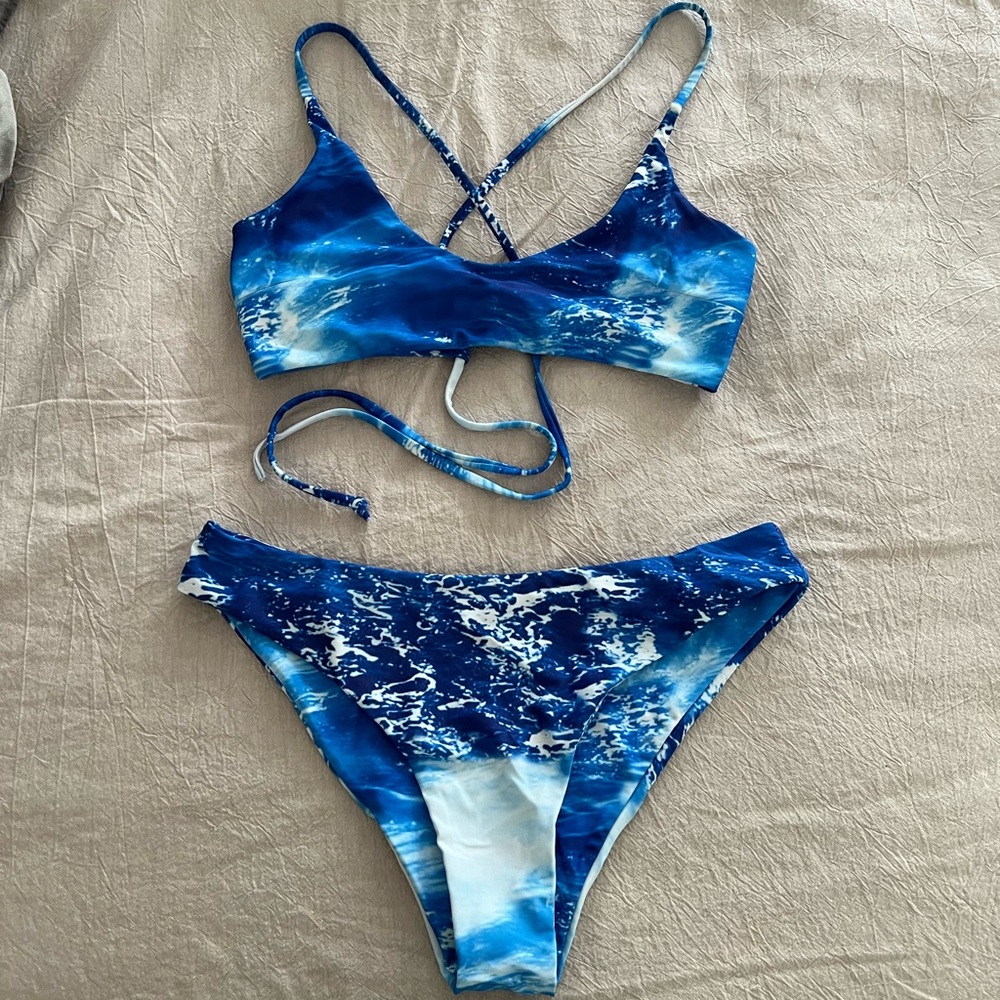 Zaful Blue Ocean Print Bikini Pool Cheeky Strappy Waves Water French Cut Sexy
